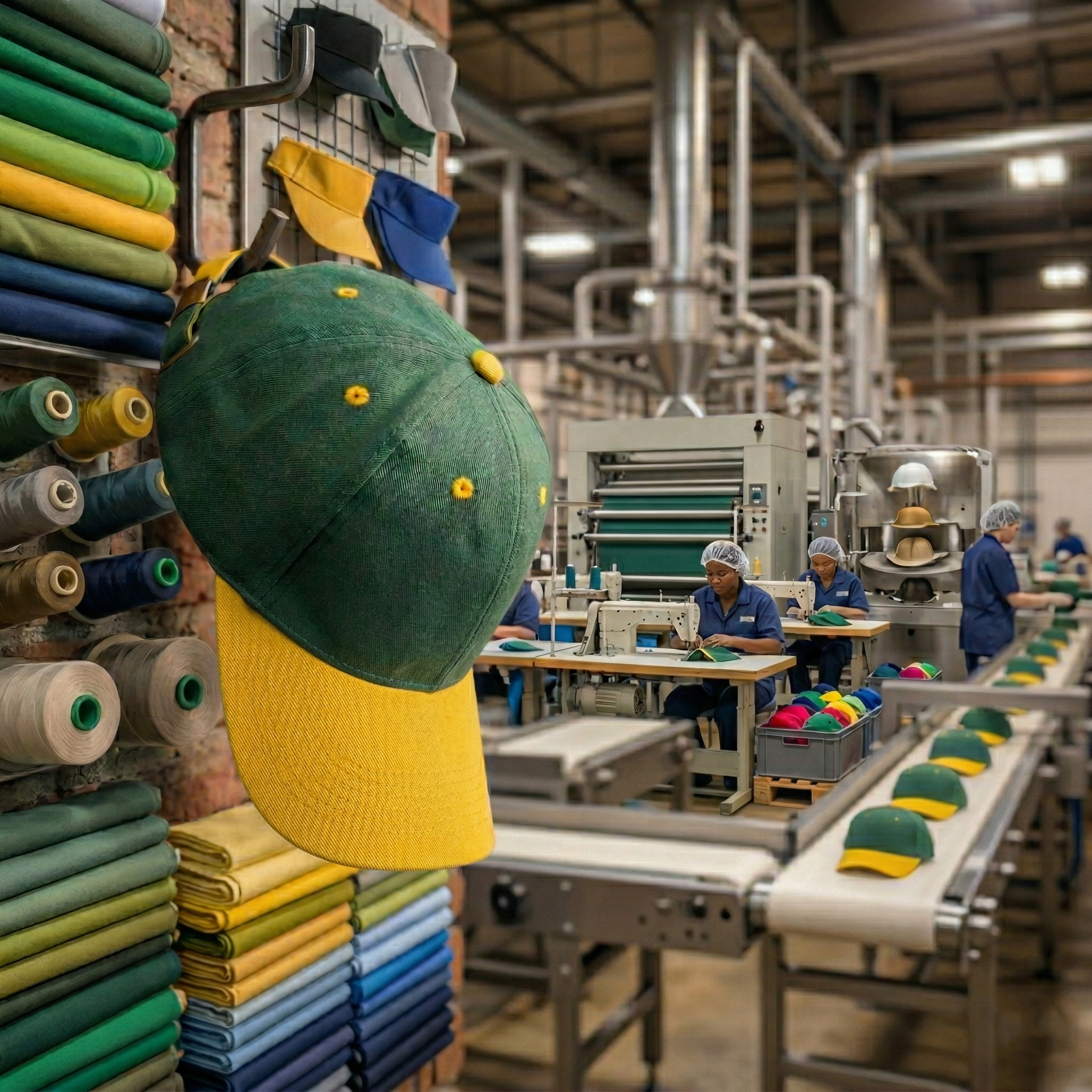 A professional, square-format product photograph of a baseball cap hanging on a metal hook against a brick wall. The cap has a deep forest-green crown and a solid, bright yellow visor. The brick wall is partially covered with organized shelves holding rolls of fabric in various shades of green, yellow, and blue, as well as spools of thread. The background features a detailed, slightly blurred view of a cap manufacturing factory. Workers in blue uniforms and hairnets are seated at industrial sewing machines, and a conveyor belt carries completed green and yellow caps through the production line. The lighting is bright and industrial, emphasizing the manufacturing context this place is MS Cap WorldThey are a prominent manufacturer of caps in India, operating a large, well-equipped facility with multiple specialized production lines. The company's capabilities extend to producing a diverse range of styles, from classic baseball caps to unique, branded designs, all made with quality materials. The facility operates with advanced technology and strict quality control standards to meet the demands of domestic and international markets.